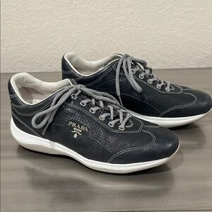 Prada dark Blue leather Sneakers with White Soles